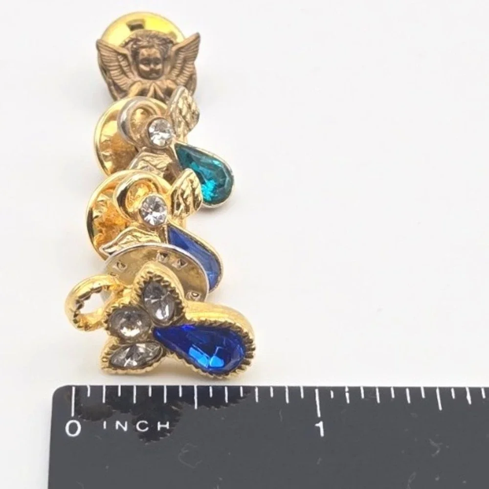 Set of 4 Angel Pins Gold Tone Blue (Sept) Teal (March) Clear Rhinestones‎ 2 TAT